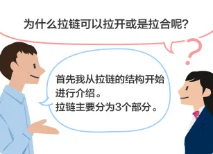 学生：为什么拉链可以拉开或是拉合呢？ YKK员工：首先我从拉链的结构开始进行介绍。 拉链主要分为3个部分。