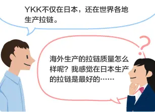 YKK员工：YKK不仅在日本，还在世界各地生产拉链。 学生：海外生产的拉链质量怎么样呢？我感觉在日本生产的拉链是最好的……