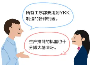 YKK员工：所有工序都要用到YKK制造的各种机器。 学生：生产拉链的机器也十分博大精深呀。