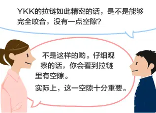 学生：YKK的拉链如此精密的话，是不是能够完全咬合，没有一点空隙？ YKK员工：不是这样的哟。仔细观察的话，你会看到拉链里有空隙。 实际上，这一空隙十分重要。