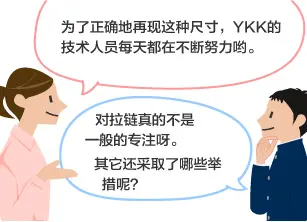 YKK员工：为了正确地再现这种尺寸，YKK的技术人员每天都在不断努力哟。学生：对拉链真的不是一般的专注呀。 其它还采取了哪些举措呢？