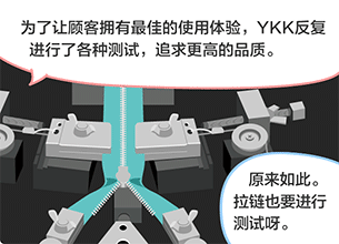 YKK员工：为了让顾客拥有最佳的使用体验，YKK反复进行了各种测试，追求更高的品质。 学生：原来如此。拉链也要进行测试呀。