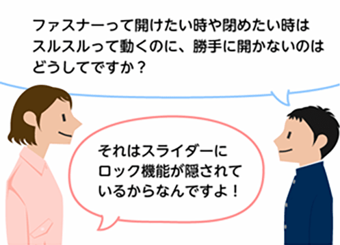 「ファスナーって開けたい時や閉めたい時はスルスルって動くのに、勝手に開かないのはどうしてですか？」「それはスライダーにロック機能が隠されているからなんですよ！」