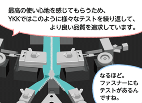 「最高の使い心地を感じてもらうため、YKKではこのように様々なテストを繰り返して、より良い品質を追求しています。」「なるほど。ファスナーにもテストがあるんですね。」