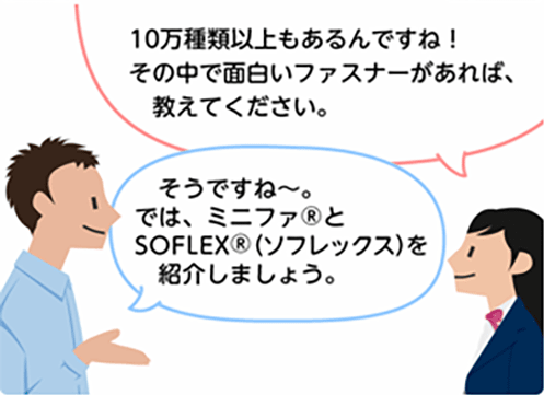 「10万種類以上もあるんですね！その中で面白いファスナーがあれば、教えてください。」「そうですね～。では、ミニファ&reg;とSOFLEX&reg;(ソフレックス)を紹介しましょう。」